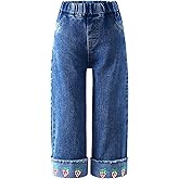 ToeJusty Little Girls Stretch Waist Jeans | Toddler Straight Leg Denim Pants with Strawberry Embroidery Comfortable Playwear