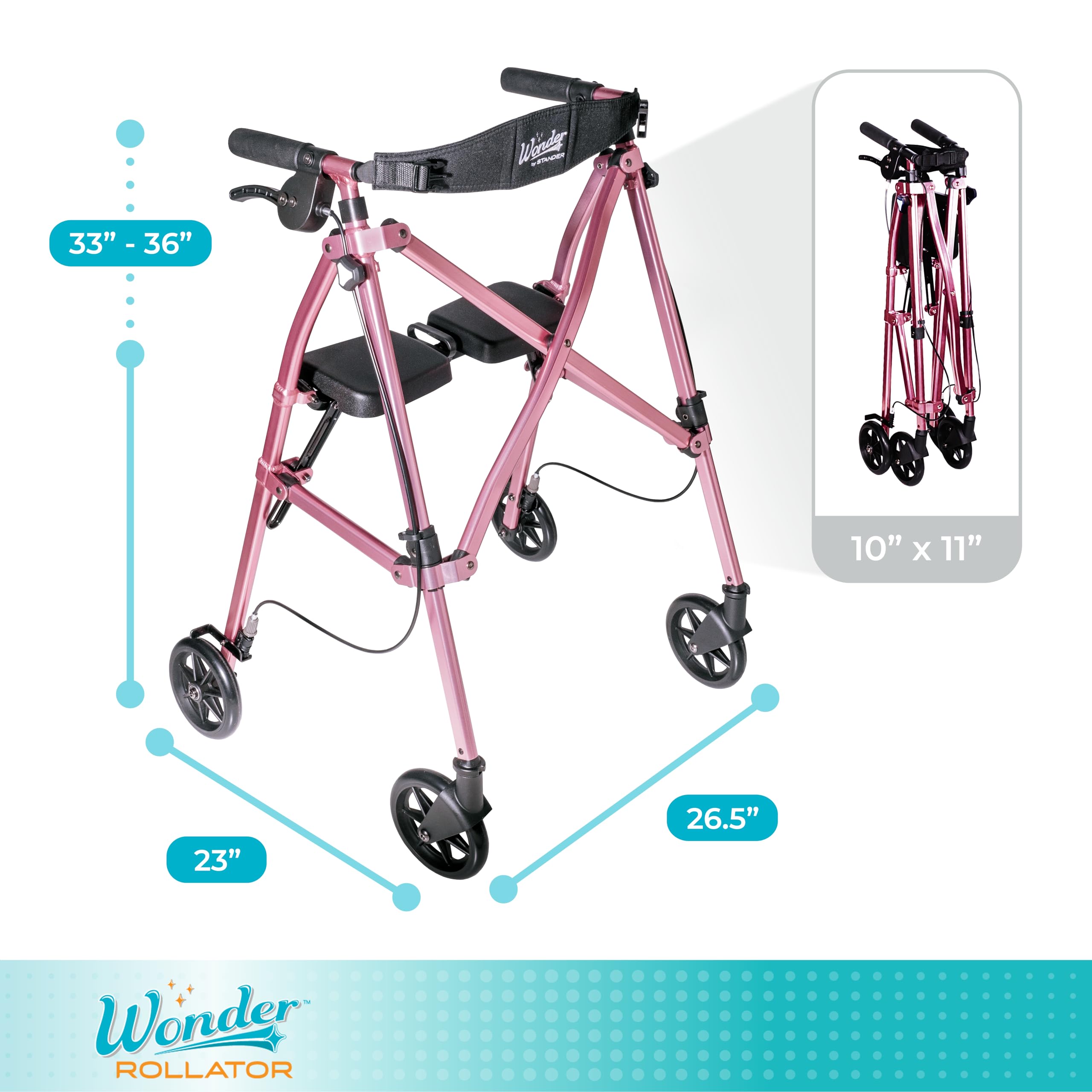 Stander Space Saver Rollator, Lightweight Folding Rolling Walker with Seat for Seniors & Adults, 4-Wheel Mobility Aid with 6-inch Wheels, Locking Brakes & Padded Seat with Backrest, Regal Rose
