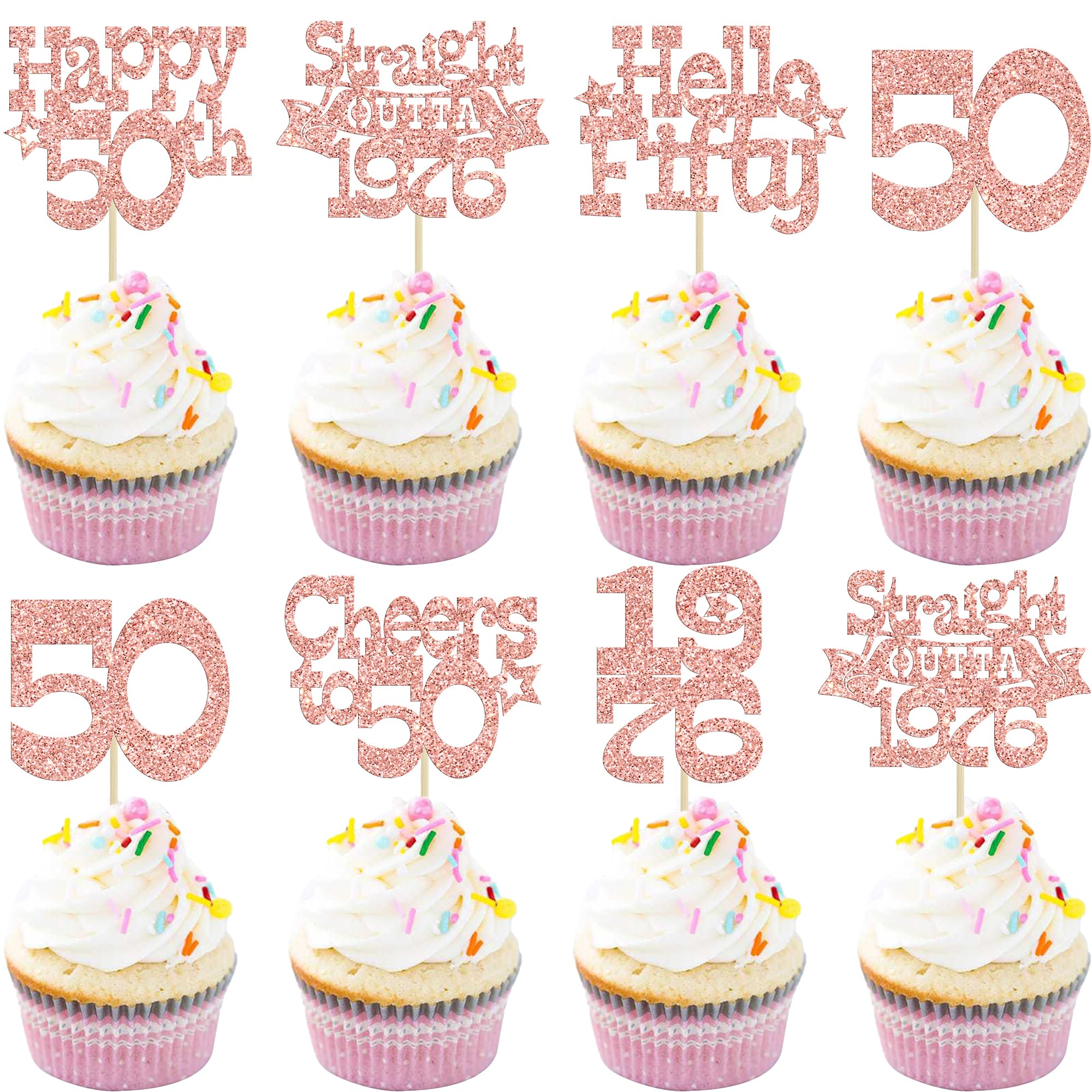 Ephlyn 30Pcs Happy 50th Birthday Cupcake Toppers Glitter Fifty Straight Outta 1976 Cupcake Picks Cheers to 50 Years Cake Decorations for Happy 50th Birthday Anniversary Party Supplies Rose Gold