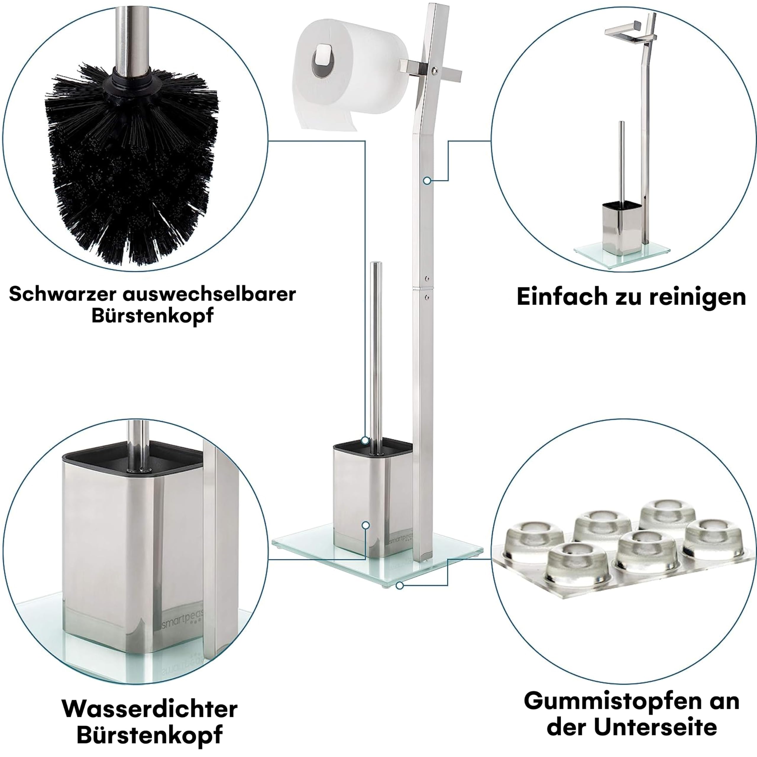 WC-Garnitur - 22 x 18 x 70 cm - Inklusive Klopapierhalter und Toilettenbürste - verchromter Edelstahl - schicker Standfuß aus Glas mit Klobürste - GRATIS: 2 Schwarze Klobürstenköpfe zum Austauschen 3