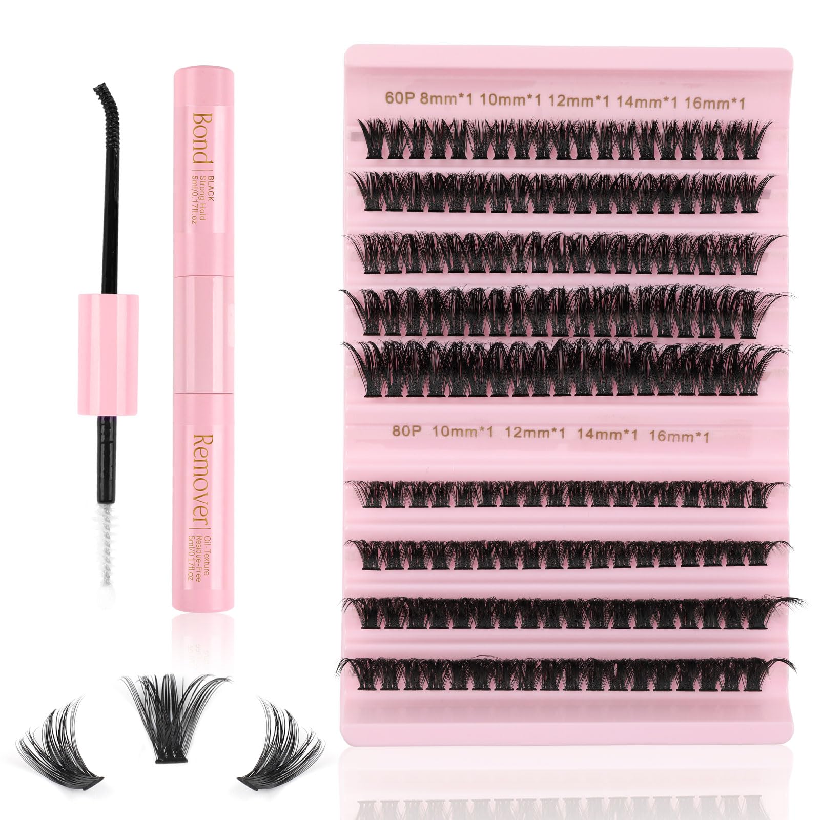 Kiusatig Eyelash Extension Kit - 167pcs DIY Individual Eyelashes with Cluster Lashes, D Curl 8-16mm, Lash Bond & Remover