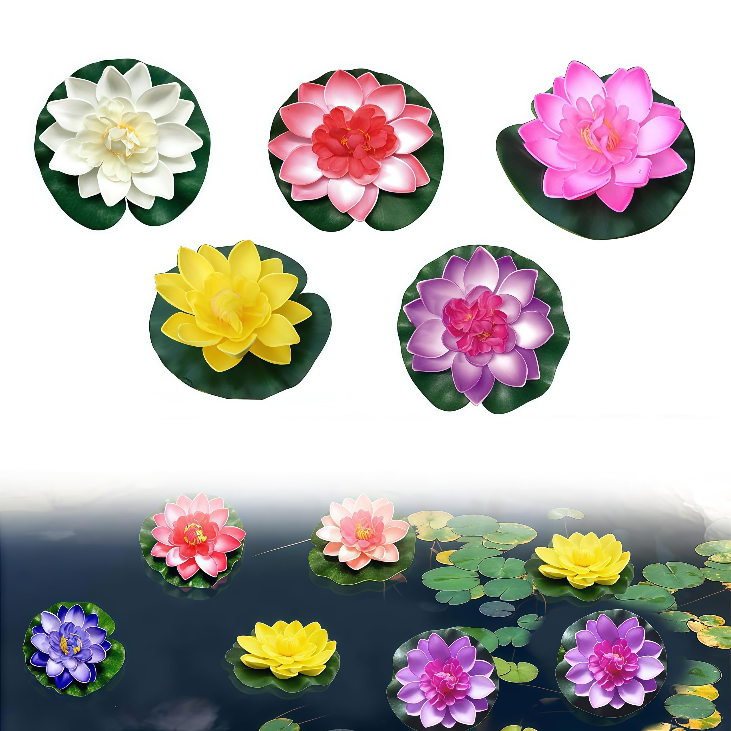 Toulifly Floating Flowers, Water Lily Plants, Artificial Water Lilies Floating Pack of 5 Artificial Flowers White Lotus Pond Plants Artificial Floating Pond Decoration for Garden Patio Decoration