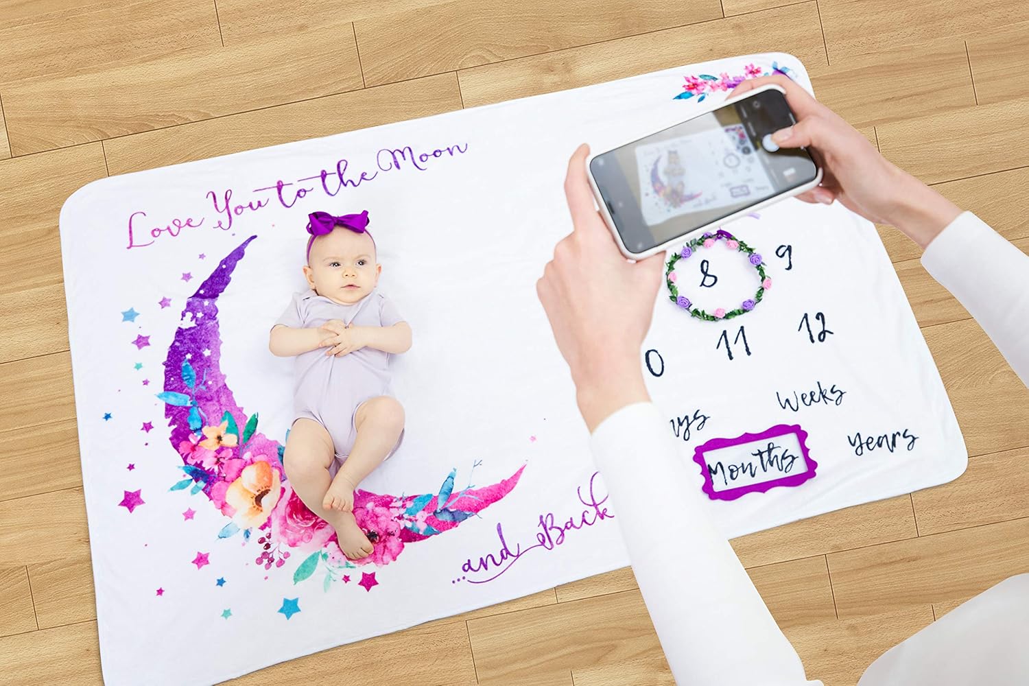 Luka&Lily Baby Monthly Milestone Blanket Girl, Memory Blanket for Newborn Baby Shower, Month and Age Blanket for Baby Nursery, Baby Growth Chart Blanket, Includes Headband, Wreath and Frame 60"x40": Kitchen & Dining