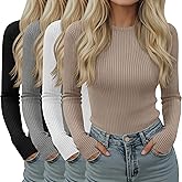 Sweetyweee 4 Pack Women's Ribbed Long Sleeve Shirts with Thumb Holes Cotton Crewneck Slim Fit Tops Knit Casual Basic T-Shirts