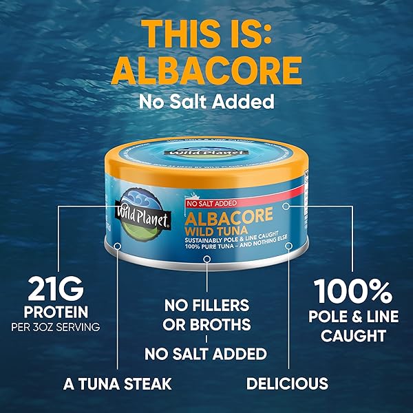 WILD PLANET ALBACORE WILD TUNA, NO SALT ADDED, CANNED TUNA, POLE & LINE CAUGHT, 5 OZ, PACK OF 4, PACKAGING MAY VARY