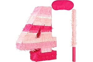 Birchio Pinks Number 4 Pinatas Bundle with a Blindfold and Bat(16.1 x 11.6 x 4 Inches), Perfect for Boys and Girls Birthday Party Supplies, Pink Theme Birthday Decoration (Pink Number 4)