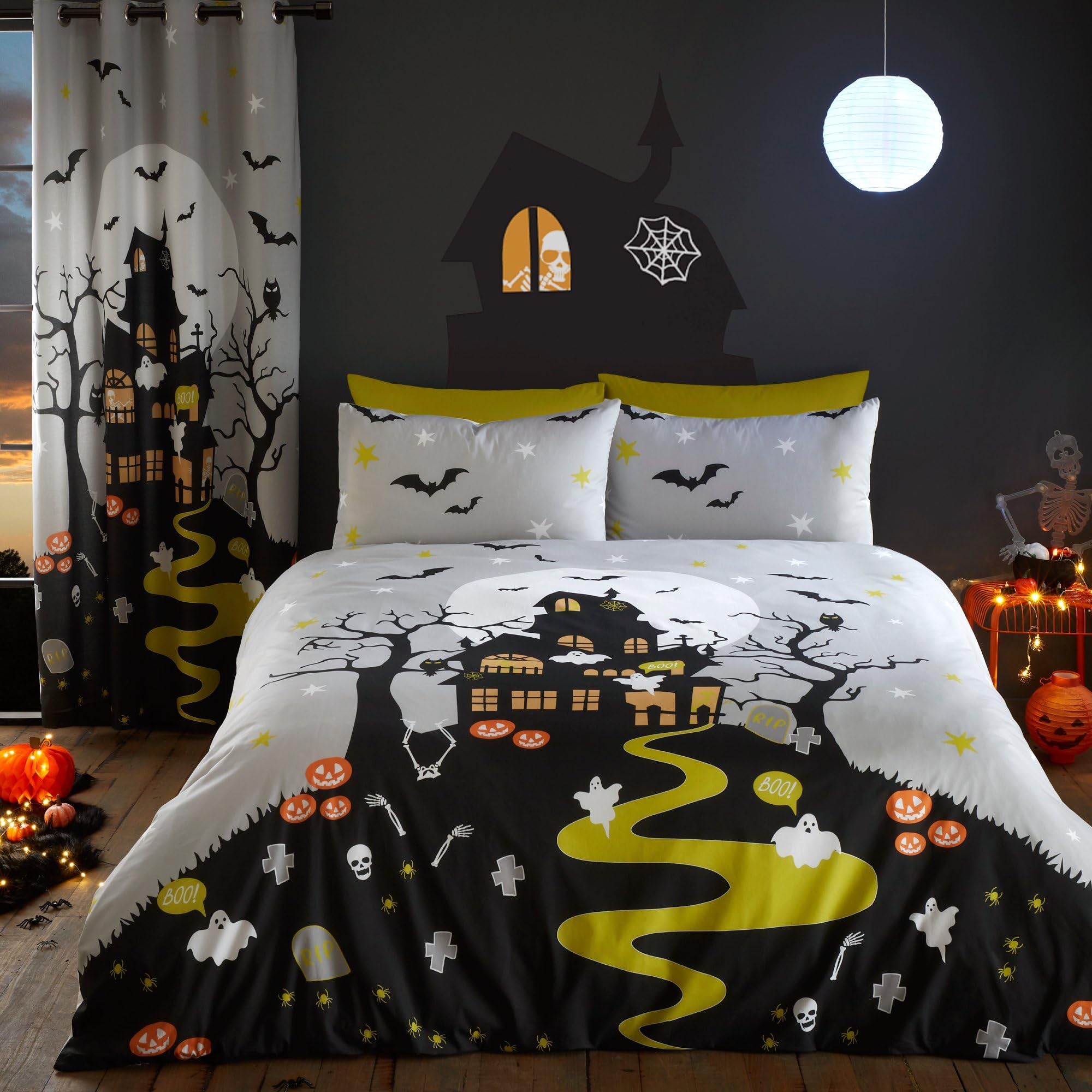 Bedlam - Halloween Haunted House Duvet Cover - Double Bedding Size (200 x 200cm) - Glow in the Dark Bedding Set - Haunted Mansion Duvet Cover - Halloween Decorations - Matching Curtain Available