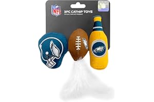 PETS FIRST BEST PLUSH CAT TOY NFL PHILADELPHIA EAGLES Complete Set of 3 piece Cat Toys filled with Fresh Catnip. Includes: 1 Helmet Cat Toy, 1 Football Cat Toy with Feathers & 1 Beer Bottle. Beautiful Team LOGOS