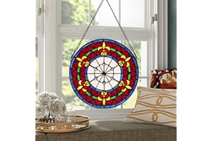 YOURANJU Handcrafted Stained Glass Window Panel - 12-Inch Round Floral Design with Vibrant Colors, Elegant Decorative Hanging Art for Home Décor, Includes 20-Inch Chain & Hook (Red Flower)