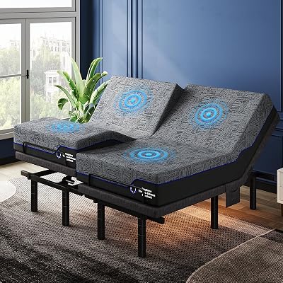 Pipishell Adjustable Bed Frame and Memory Foam Mattress Set (14" Mattress + Adjustable Bed Frame with Massage, Split King)