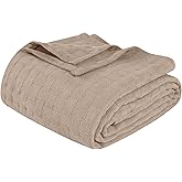 Superior Basketweave Cotton Blanket, Basket Weave Design, Soft, Comfy Cover for Bed, Bedding, Bedroom, Couch Throw, Lounging, Modern Boho Medium Weighted Blankets, Twin Size, Khaki