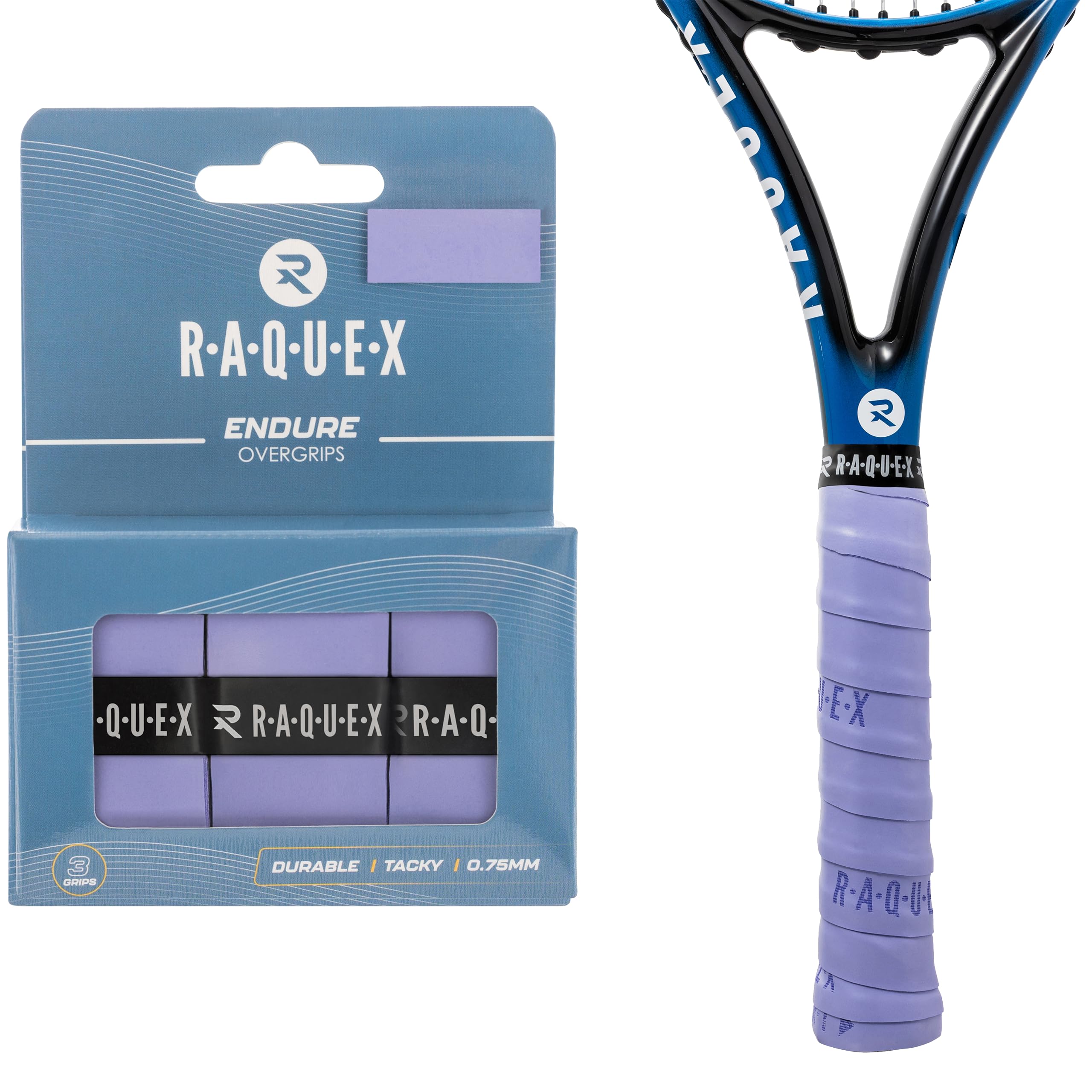 Raquex Endure Racket Overgrip Tape – 3 Pack Racquet Overgrip Tape, Durable, Dry Feel, 0.75mm Thickness - Anti Slip Over Grip for Tennis Racket, Badminton, Squash, Padel (Lilac)