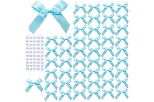 50 Pcs Mini Blue Bows,1.57 Inch Small Ribbon Bow Decorations, Mini Satin Fabric Bows for Crafts and Gift Wrapping Decorations