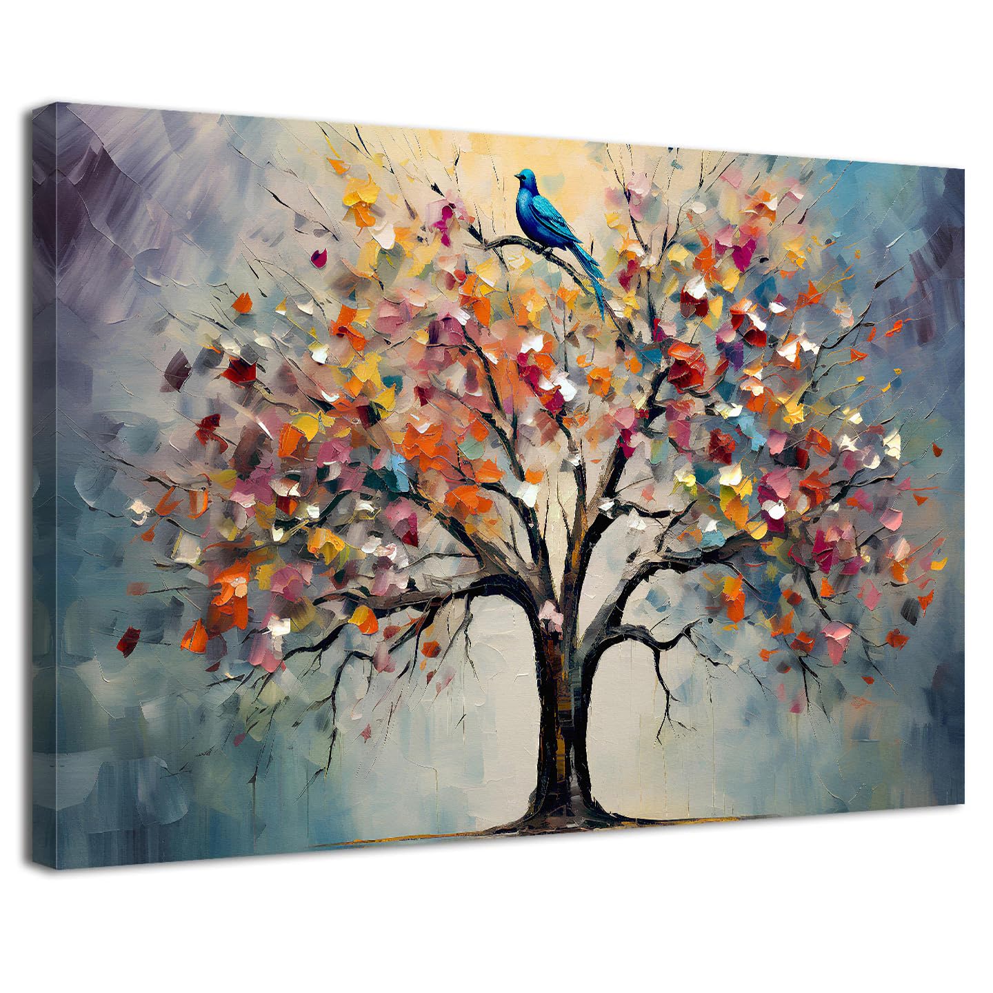Framed Colourful Tree of Life Wall Art for Living Room Decor Vintage Floral Tree Painting Pictures 30x40 cm Abstract Blossom Flower Canvas Prints Minimalist Artwork for Bedroom Office Home Decoration