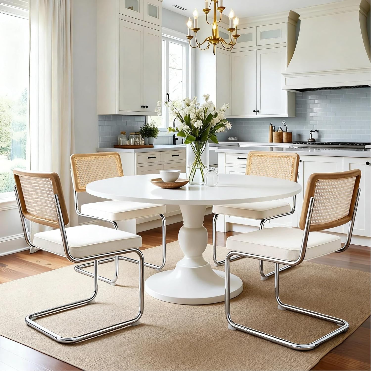 Zesthouse Natural Rattan Dining Chairs Set of 4, Modern Dining Room Chairs with Solid Wood Back for Kitchen Living Room, Mid Century Breuer Design Inspired, Upholstered Velvet Fabric, White Image