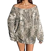 MISSACTIVER Camo Sweatshirt for Women Oversized Fleece Off Shoulder Long Sleeve Maple Leaf Print Pullover Sweater Tops