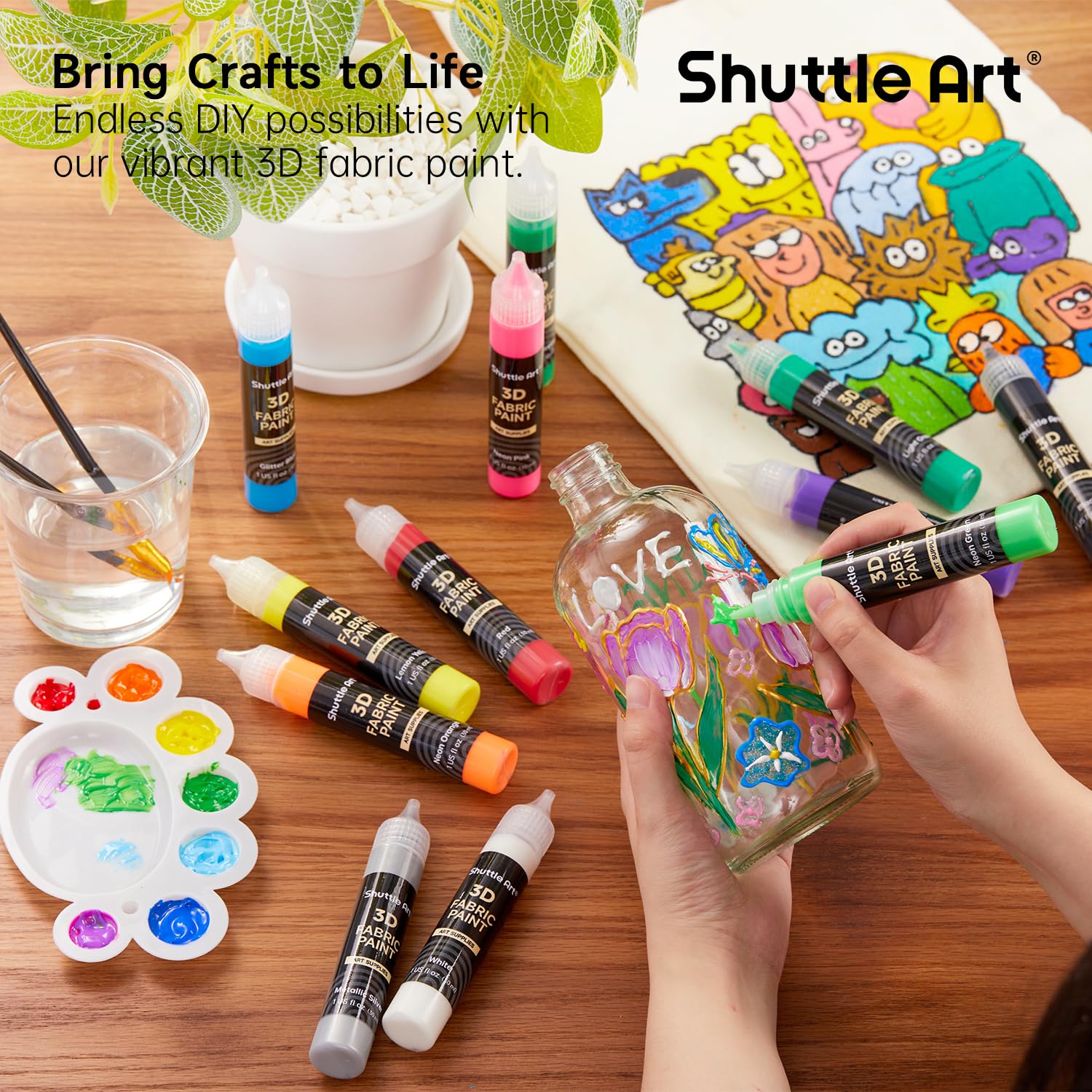 66 Colors Fabric Paint, Shuttle Art 3D Fabric Paint with Stencil and Brushes, Permanent Textile Paint Includes Neon, Metallic, Glitter and Glow in the Dark Paint, Ideal for Clothing and DIY Decoration