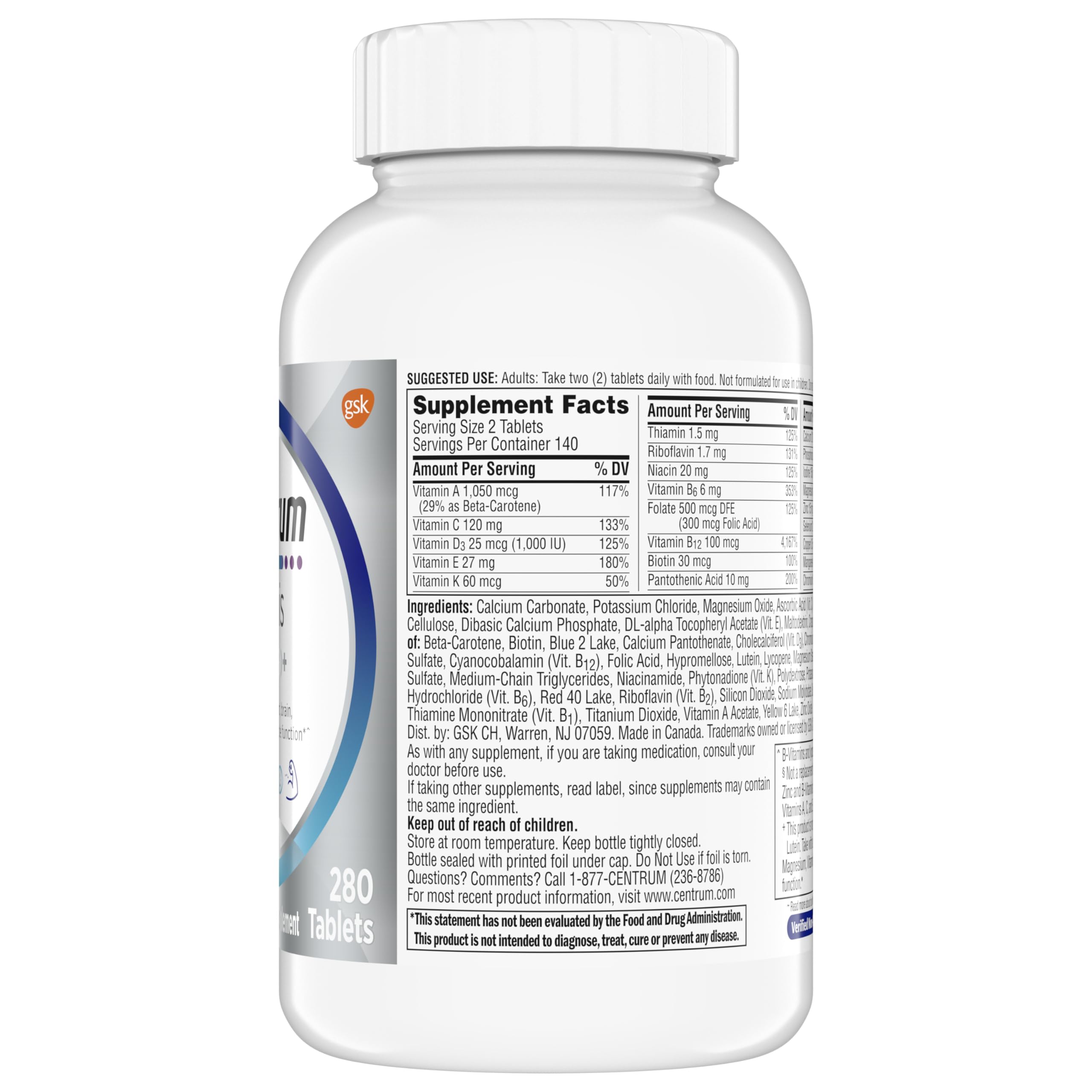 Centrum Minis Silver Multivitamin for Men 50 Plus, Multivitamin/Multimineral Supplement, Vitamin D3, B-Vitamins and Zinc, Non-GMO Ingredients, Supports Memory and Cognition in Older Adults - 280 Ct