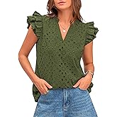 BTFBM Spring Summer Tops for Women 2026 Dressy Casual V Neck Ruffle Cap Sleeve Embroidered Eyelet Blouses Resort Wear
