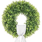 petalyn 22 Inch Artificial Boxwood Wreaths for Front Door, Summer Door Wreath with Sash, Spring Green Wreath Weatherproof for Wall Window Porch Farmhouse Wedding Decor All Year Round Indoor Outdoor