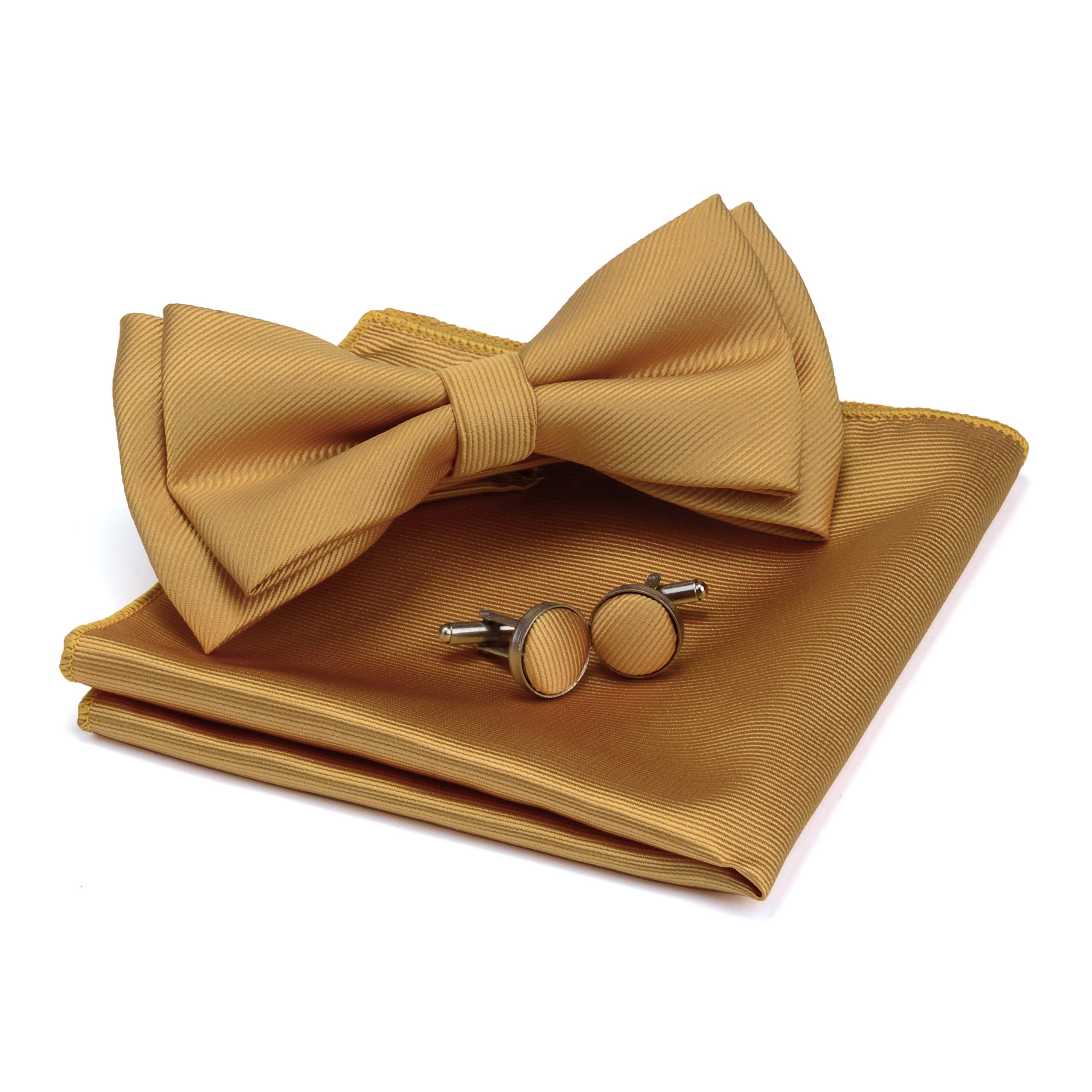 Solid Gold Yellow Bow Ties For Men Adult Pre-tied Bowtie and Pocket Square Cufflink Sets (UK0577-11)