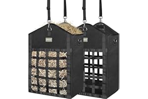 MIYABALA Hay Bags for Horses,Two-Sided Premium Oxford Slow Feed Hay Bags for Goats,Sheep,Donkey,Large Top Opening with Hook-and-Loop Seals,Easy to Hang with Adjustable Strap (Black, Large 2 Packs)