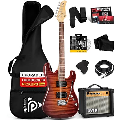 Pyle Electric Guitar Kit with Amp, Full Size Instrument with Humbucker Pickups, Guitarra Electrica Amplifier and Beginner Bundle Accessories, 39" Red