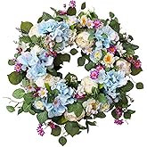 24 Inch Spring Wreaths for Front Door, Spring Wreath,Blue Hydrangea Wreath,Large Spring Summer Door Wreaths for Front Door Outside All Season Home Decor (Blue)
