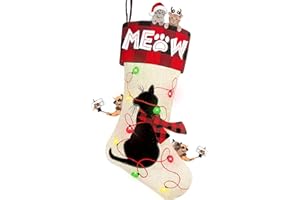 DAVID ROCCO 21'' LED Embroidered Linen Christmas Cat Stocking Holder Shiny LED Hanging Stocking Decoration - (Meow)