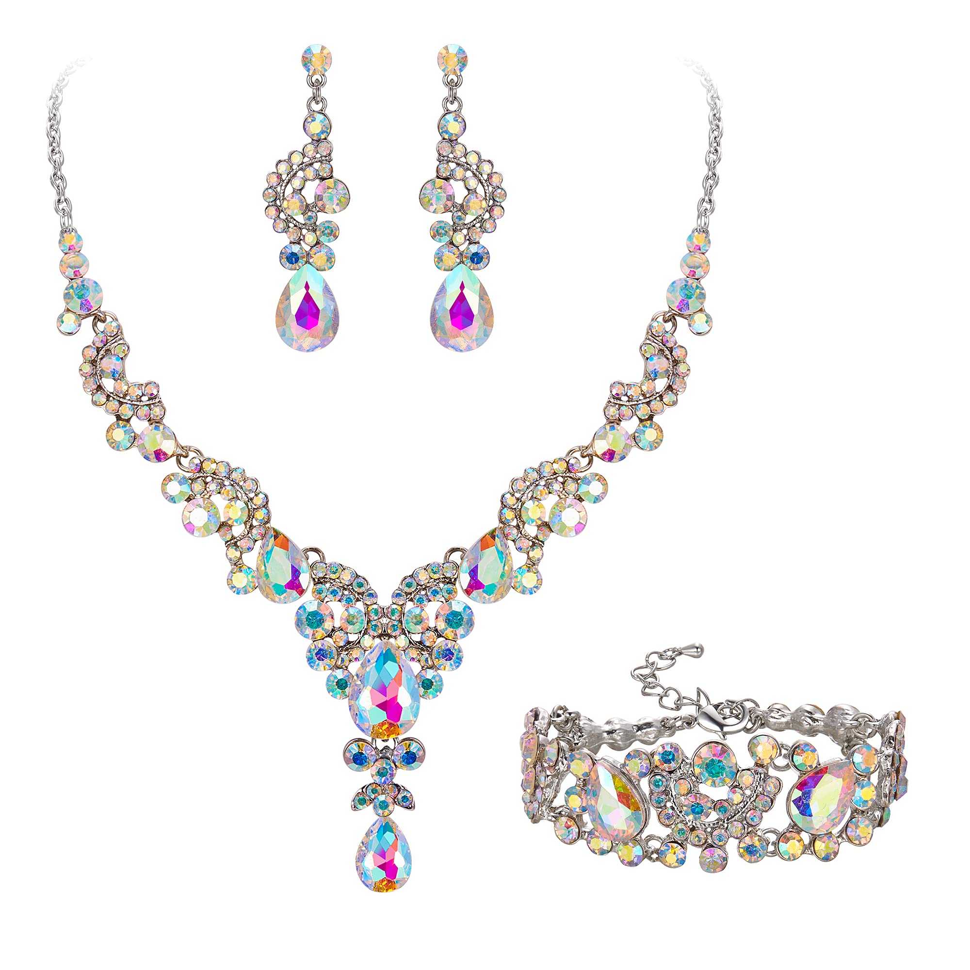 Ever Faith Wedding Jewellery Set for Women, Sparkly Rhinestone Crystal Vintage Floral Teardrop Brides Bridal Necklace Earrings Bracelet Sets Prom Party Costume Jewelry Iridescent Clear AB Silver-Tone
