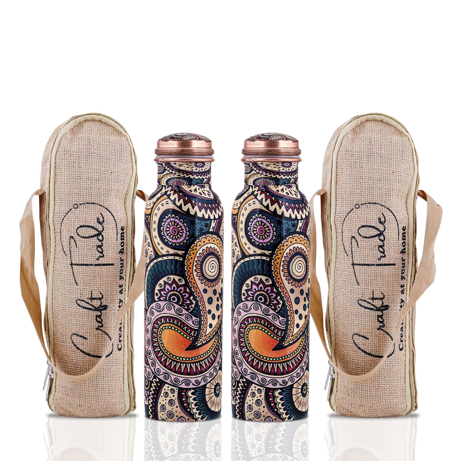 Craft Trade Set of 2 Printed Pure Copper Bottle with Lid and Carry Bag for Drinking Water BPA Free Leak Proof Boosts Immunity, Supports Digestive & Ayurveda Inspired 34oz - 1 Litre