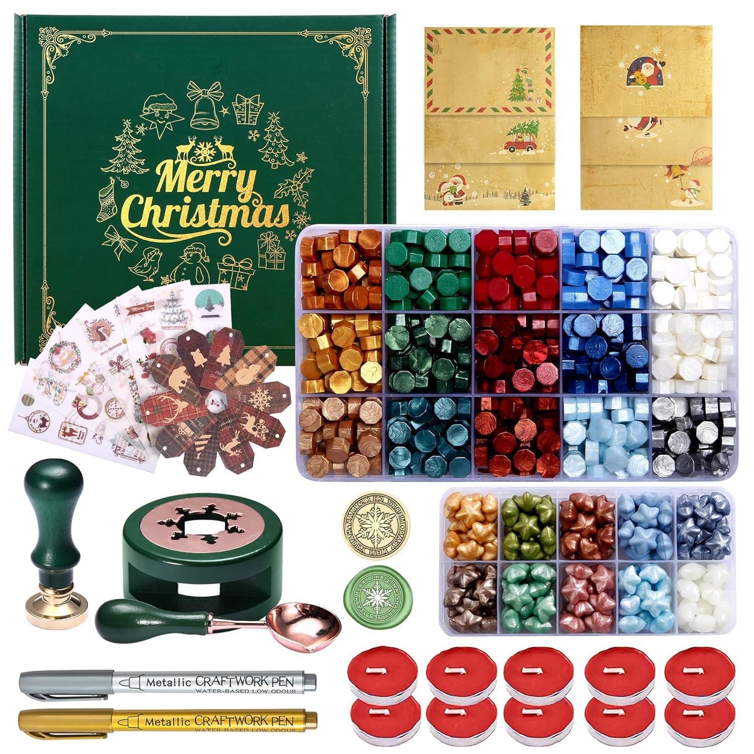 Comealltime Christmas Wax Seal Kit with Snow Sealing Stamp, 25 Colors Sealing Beads Beginner's Set with Warmer, Xmas Washi Stickers, Envelope, Candle, Wax Seal Stamp Kit for Gift and Craft — image 1
