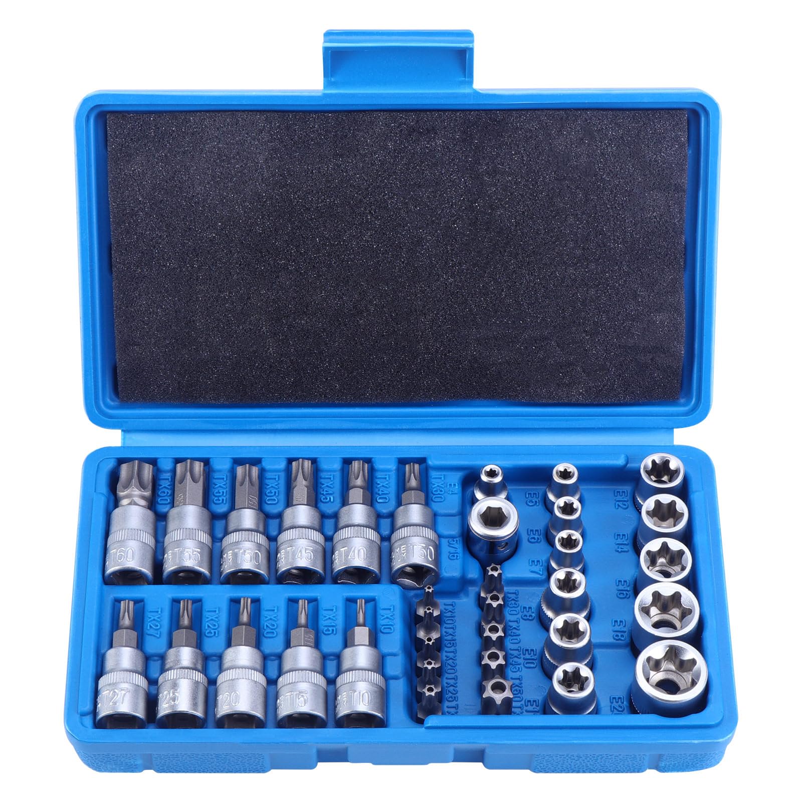 HSEAMALL 34PCS Torx Socket Set, Female E Torx Bit Star Sockets E4-E20 Nuts Set 5/16 and 3/8 Inch Drive T10-T60