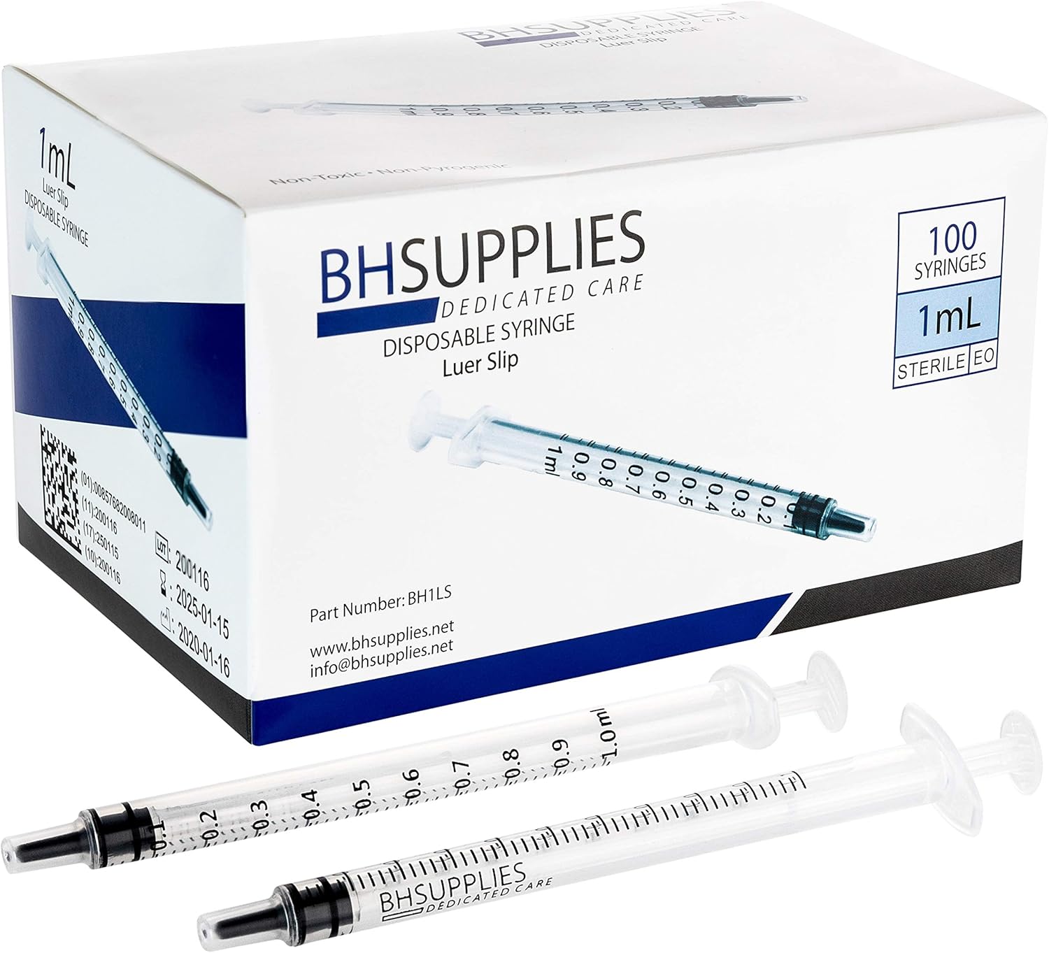 1ml Syringe Sterile with Luer Slip Tip - 100 Syringes by BH Supplies (No Needle) Individually Sealed: Health & Personal Care