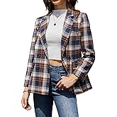 ELLEVEN Women's Houndstooth Plaid Tweed Blazer, Casual Trendy Double-Breasted Suit Jacket with Pockets Fully Lined