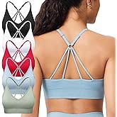 Strappy V Neck Sport Bra for Women, Multipack Padded Seamless Wireless Supportive Racerback Criss Cross Workout Yoga Bra Pack