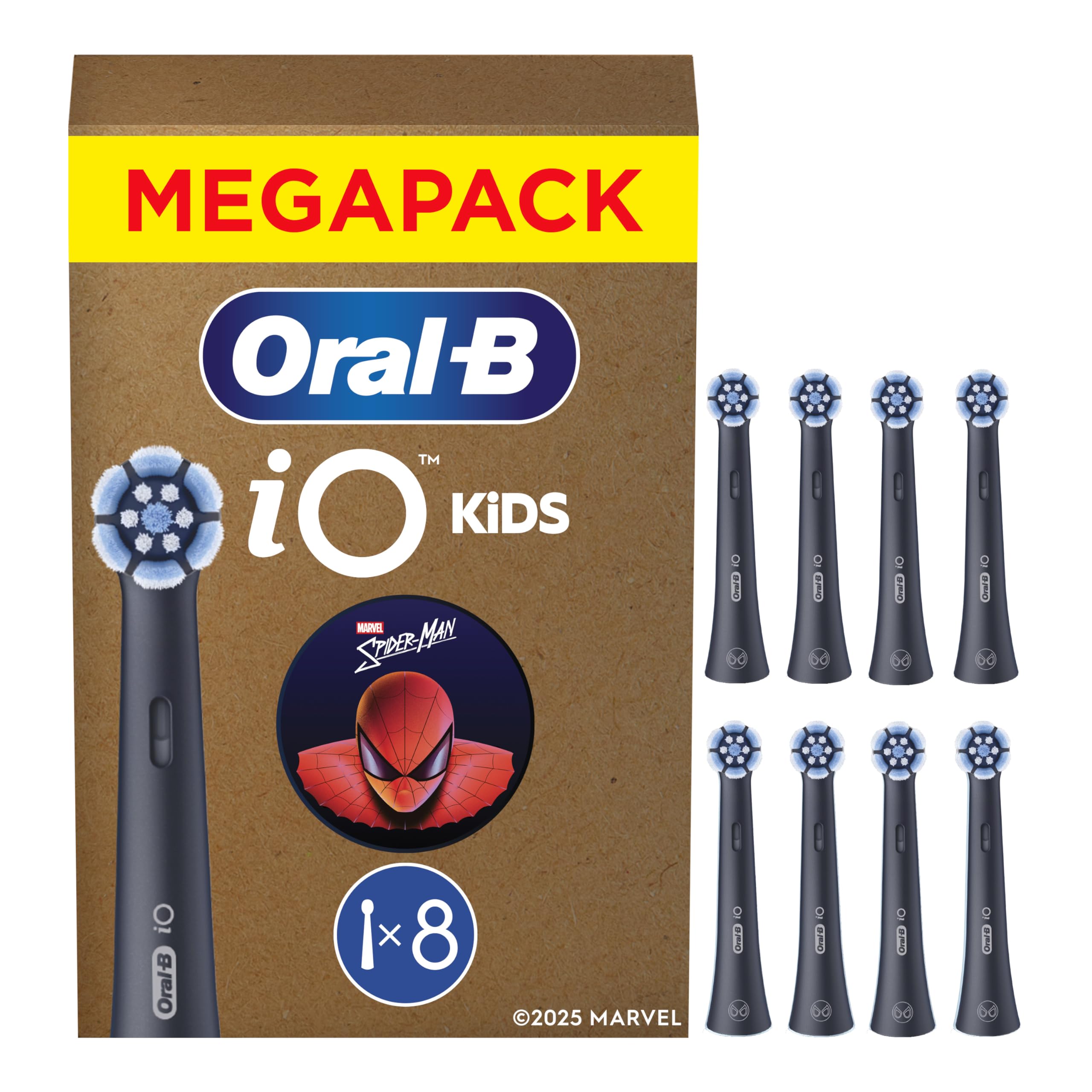 Oral-B iO Aufsteckbürsten Kids 6+ Marvel Spiderman, Schwarz, 8 Stück - Original Zahnbürstenaufsatz für Elektrische Zahnbürste für Kinder ab 6 Jahren, Zahnbürstenköpfe, Sanft Zu Zähnen Und Zahnfleisch