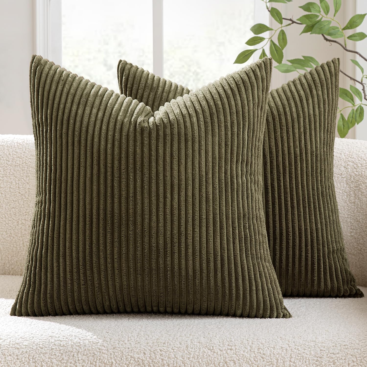 MIULEE Striped Corduroy Fabric Square Throw Pillow Case,Solid Cushion Cover for Sofa Chair Couch/Bedroom Decorative Pillowcases 18x18 Inch 2 Pieces,Olive green — image 1