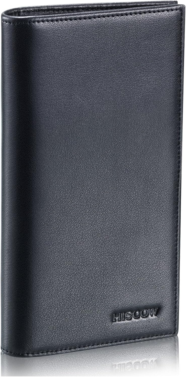 HISCOW Soft Leather Checkbook Cover & Card Holder with Divider - Italian Calfskin (Black)