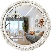 dwellington Rustic Round Wall 24 Inch Wood Circle Mirror with Beads, Decorative Farmhouse Mirror for Living Room, Bedroom, Ki