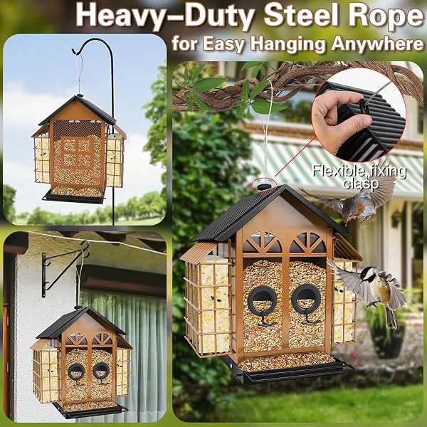 TAYEPIN BIRD FEEDERS FOR OUTDOORS HANGING, METAL WILD BIRD FEEDERS WITH DOUBLE SUET CAGE, 4LBS LARGE CAPACITY FOR OUTSIDE GARDEN WATERPROOF, LDEAL GIFTS FOR BIRDS FEEDING FINCH CARDINAL, BROWN