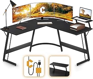 Cubiker Modern L-Shaped Desk Gaming Corner Desk, PC Laptop Computer Writing Desk for Home Office Wood & Metal, Black