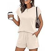 ANRABESS Womens Waffle Knit 2 Piece Short Sets Cap Sleeve Summer 2026 Matching Lounge Outfits Travel Beach Vacation Sweatsuit