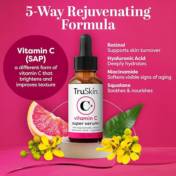 TRUSKIN VITAMIN C SUPER SERUM – NIACINAMIDE, RETINOL, HYALURONIC & SALICYLIC ACID – ALL-IN-ONE ANTI AGING SERUM FOR FACE – IMPROVE APPEARANCE OF DARK SPOTS, FIRMNESS FOR BRIGHTER LOOKING SKIN, 1 FL OZ