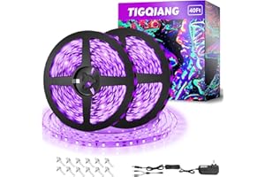 TigQiang Black Light Strip, 40ft/12M Flexible LED Black Light with kit, 720 lamp Beads, 12V Black Light, Non-Waterproof for Indoor Fluorescent Dance Party, Stage, Birthday, Wedding, Dark Party