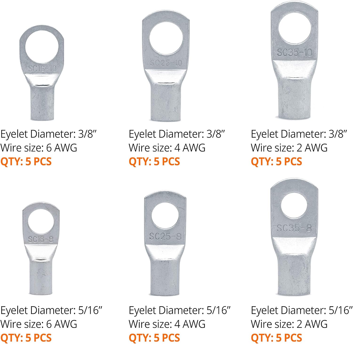 Wirefy 30 PCS Tinned Copper Wire Lugs - Battery Cable Ends - Crimp Wire Connectors - Ring Terminals - 6-2 AWG: Home Improvement