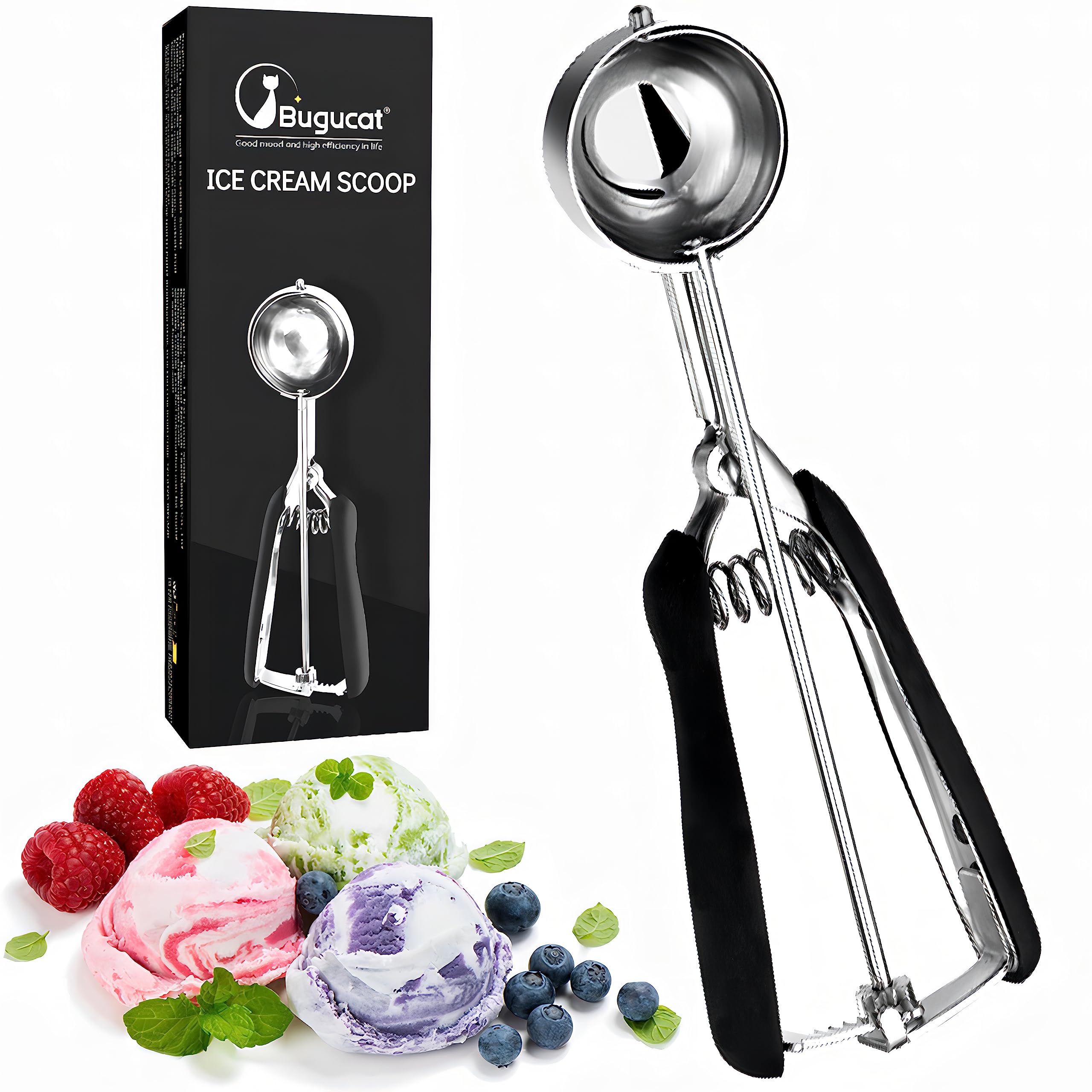 Bugucat Ice Cream Scoop 304 Stainless Steel, Cookie Scoop 5 cm, Ice Cream Scoop with Trigger Ice Cream Spoon, Biscuit Scoop, Ice Cream Spoon for Fruit, Ice Cream, Cookies, Dough, Ice Cream