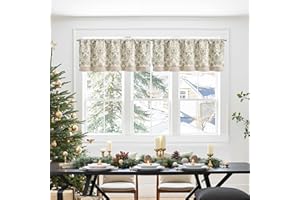 jinchan Linen Valance Kitchen Curtain Pack of 2 Double Layer 16 Inch for Living Room Bedroom Christmas Decorations Light Filtering Vintage Farmhouse Cottagecore Rod Pocket 2 Panels Green on Beige