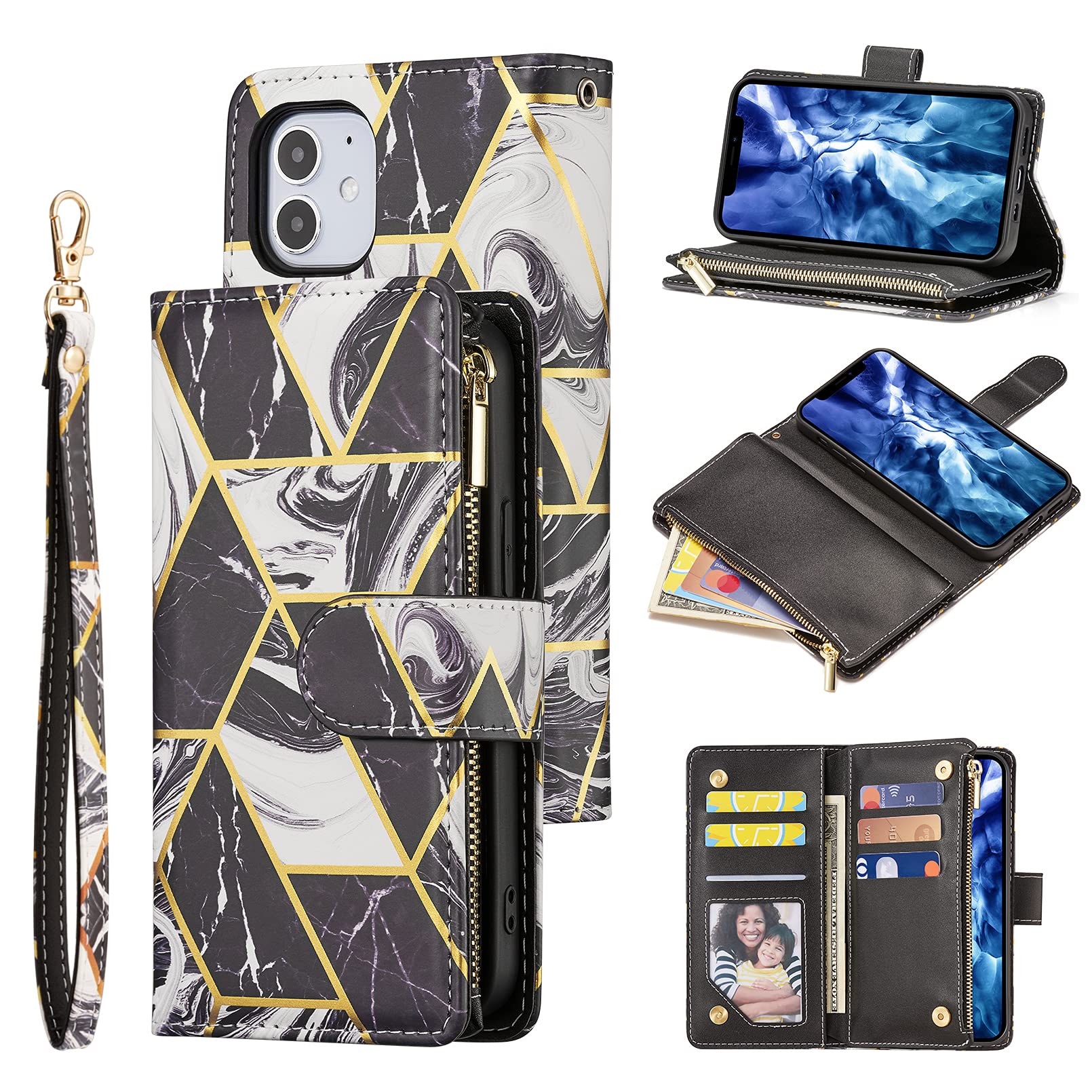 UEEBAI Wallet Case for iPhone 13 Pro 6.1 inch, Premium Vintage PU Leather Magnetic Closure Handbag Zipper Pocket Case Kickstand Card Holder Slots Wrist Strap TPU Shockproof Flip Cover - Marble Black — image 1