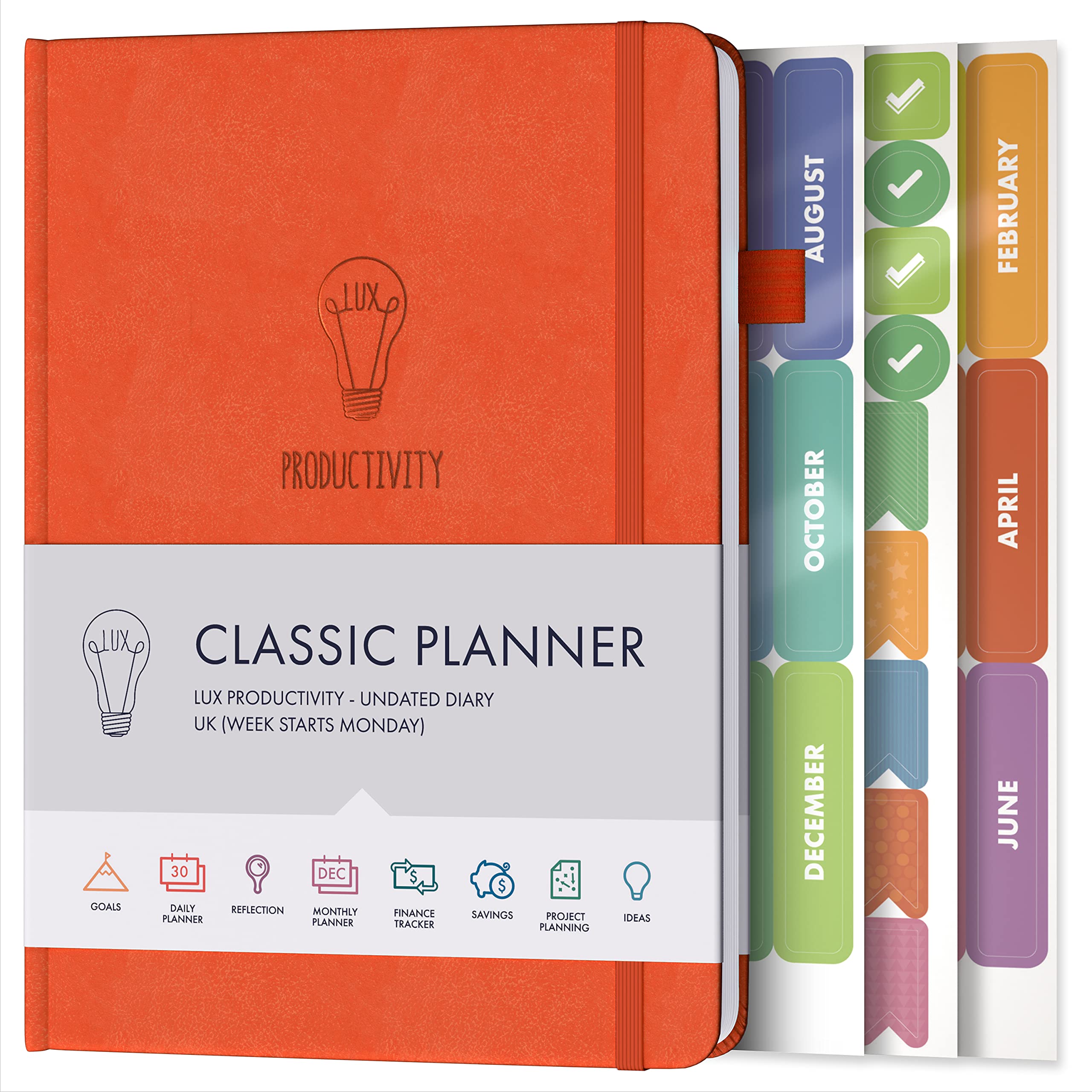 Daily Planner & appointment diary - Gratitude journal, wellness journal & Undated weekly planners and organisers - Desk journals for women & men - LUX Productivity Classic (TIGER ORANGE) โ image 1